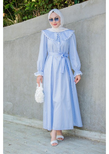 Noor Çizgili Keten Dokuma Elbise-Bebemavi fırsatları