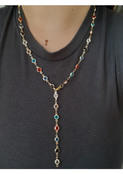 Çelik Oval Renkli Taşlı Y Kolye