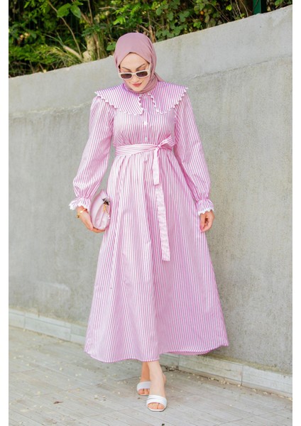 Noor Çizgili Keten Dokuma Elbise-Pembe