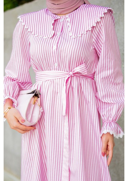 Noor Çizgili Keten Dokuma Elbise-Pembe fiyatları