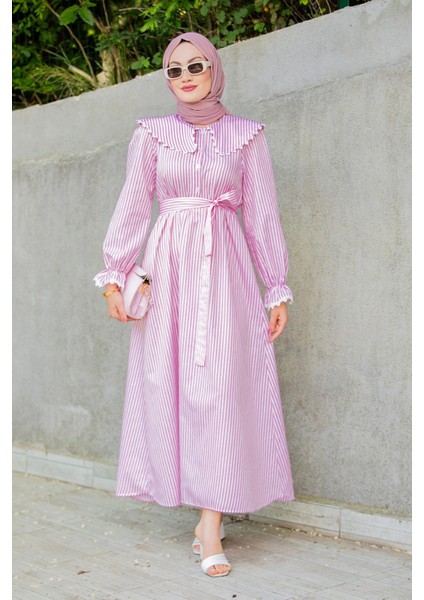 Noor Çizgili Keten Dokuma Elbise-Pembe modelleri