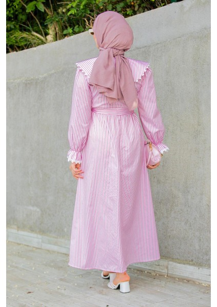 Noor Çizgili Keten Dokuma Elbise-Pembe fırsatları