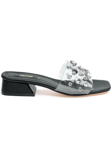 Taşlı Şeffaf Bantlı Kadın Kısa Topuklu Terlik