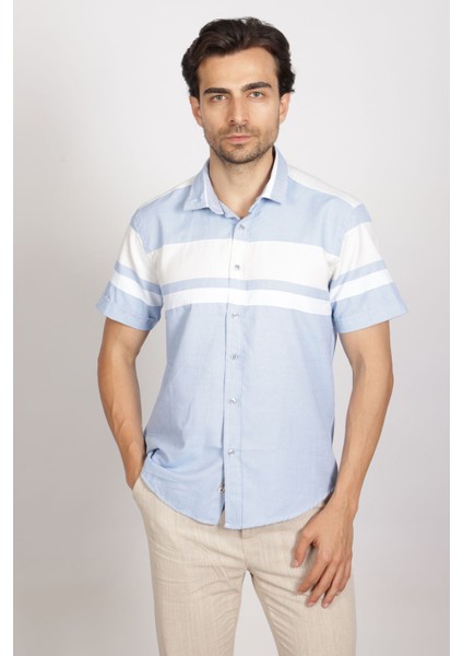 Oxford Slim Fit Panolu Çizgili Kısa Kol Gömlek