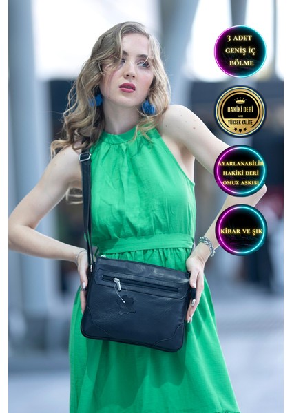 Milano Siyah 3 Gözlü Hakiki Deri Kadın Çapraz Omuz Çantası