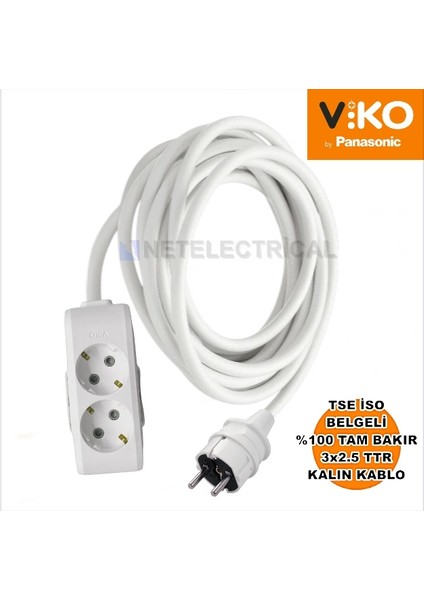 Multi-Let | Ikili 6 Metre Topraklı Çocuk Korumalı Grup Priz - 2'li, 6 M, (3x2.5 Ttr Tam Bakır Kalın Kablolu)