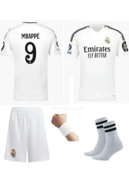Real Madrid Mbappe 9 Numara Beyaz 24/25 Sezon Çocuk Alt Üst Takımı T-Shrt 4 Parça