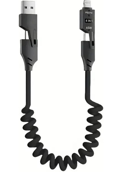 Çok Amaçlı 65W Spiral Kablo | Iphone, Android ve Type-C Uyumlu | 4 Başlık Bir Arada U110