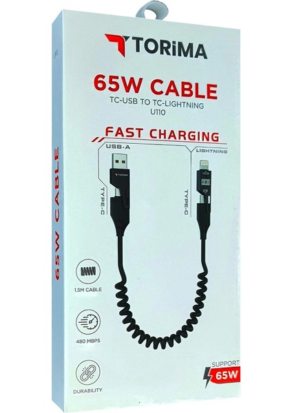Çok Amaçlı 65W Spiral Kablo | Iphone, Android ve Type-C Uyumlu | 4 Başlık Bir Arada U110