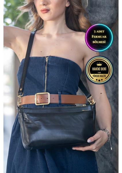 Paris Siyah 3 Fermuarlı Hakiki Deri Kadın Çapraz El ve Omuz Çantası