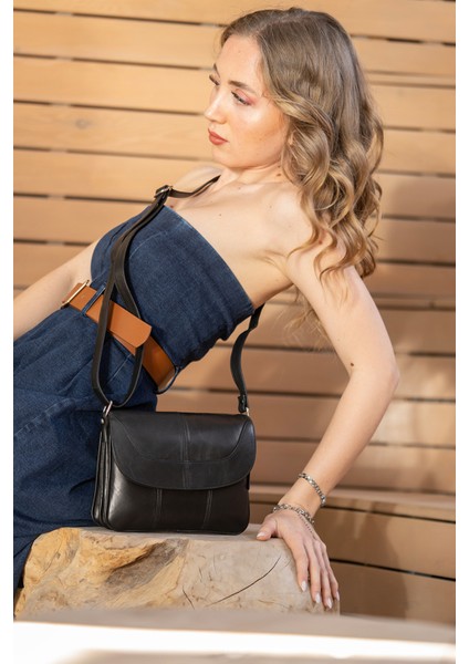 Rose Siyah Hakiki Deri 3 Körüklü Kadın Omuz Çantası Çapraz Çanta