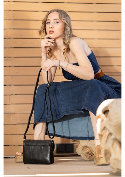 Rose Siyah Hakiki Deri 3 Körüklü Kadın Omuz Çantası Çapraz Çanta modelleri