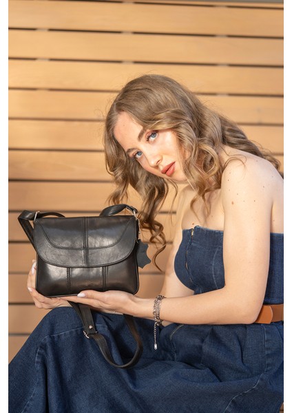 Rose Siyah Hakiki Deri 3 Körüklü Kadın Omuz Çantası Çapraz Çanta fırsatları