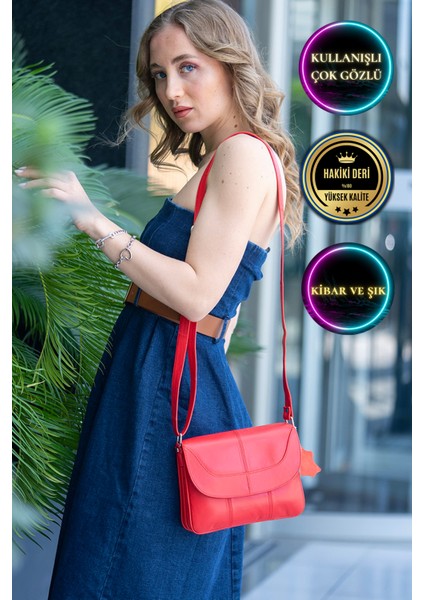 Rose Kırmızı Hakiki Deri 3 Körüklü Kadın Omuz Çantası Çapraz Çanta