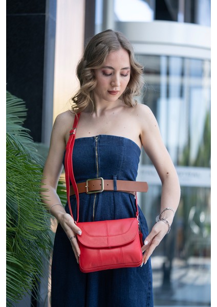 Rose Kırmızı Hakiki Deri 3 Körüklü Kadın Omuz Çantası Çapraz Çanta fırsatları