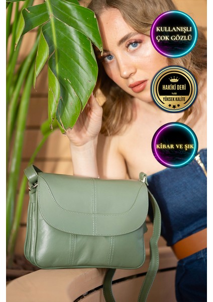Rose Haki Yeşil Hakiki Deri 3 Körüklü Kadın Omuz Çantası Çapraz Çanta