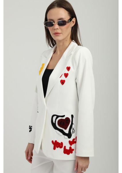 Nakışlı Beyaz Blazer Ceket