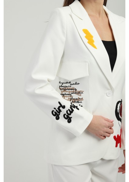 Nakışlı Beyaz Blazer Ceket