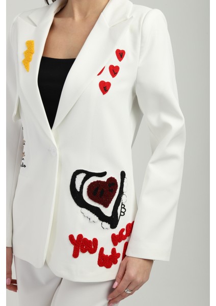 Nakışlı Beyaz Blazer Ceket