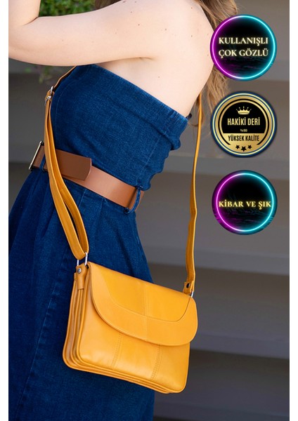 Rose Sarı Hakiki Deri 3 Körüklü Kadın Omuz Çantası Çapraz Çanta