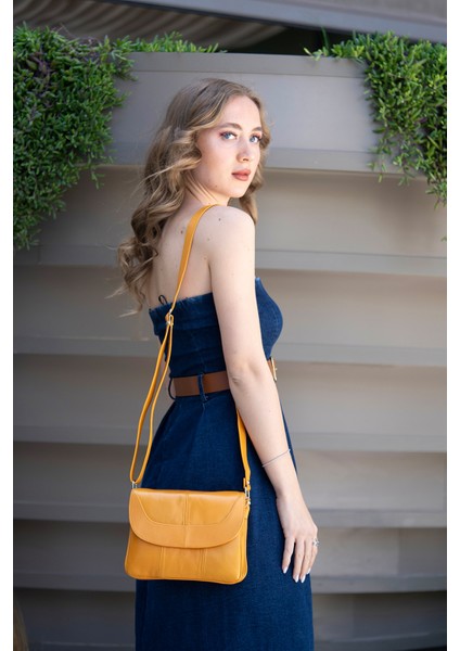 Rose Sarı Hakiki Deri 3 Körüklü Kadın Omuz Çantası Çapraz Çanta modelleri