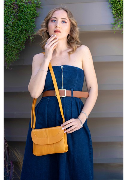 Rose Sarı Hakiki Deri 3 Körüklü Kadın Omuz Çantası Çapraz Çanta fırsatları