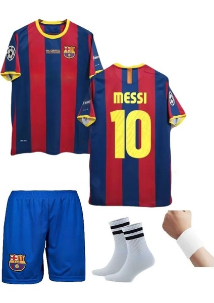 Barcelona Lonel Messi 2011 Sezon Retro Bordo Çocuk Alt Üst Takımı T-Shrt 4 Parça