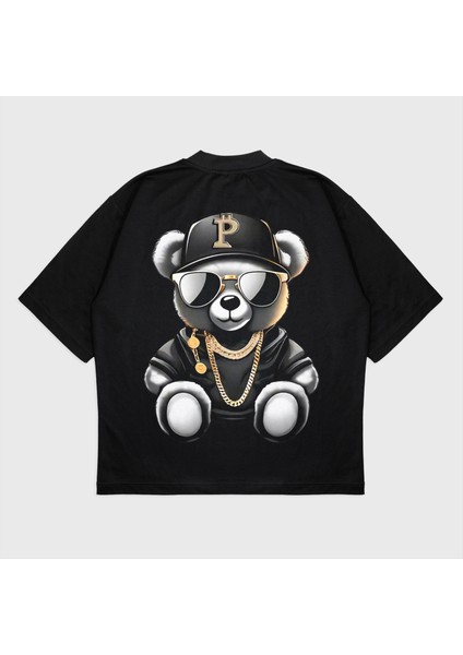 Oversize 'gang Bear' Baskılı Bisiklet Yaka T-Shırt