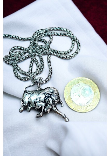 Gümüş Kaplama Krom-Çelik Erkek Kolye Madalyon Öfkeli Boğa Burcu Bull