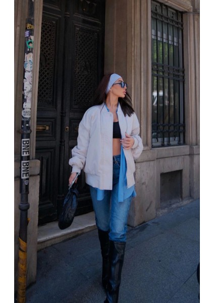 Cepli Bomber Ceket Mont - Beyaz