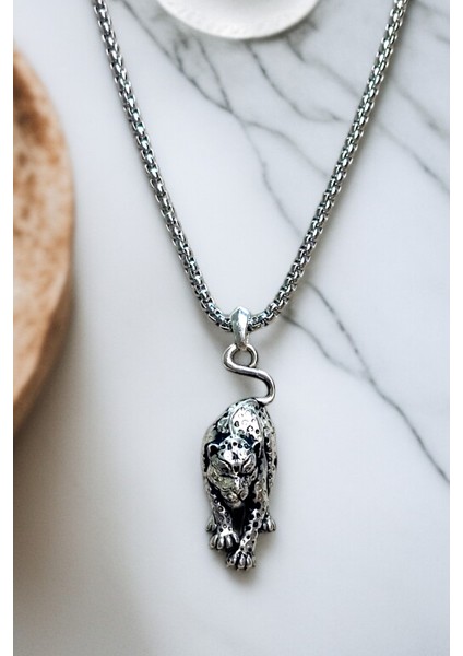 Gümüş Kaplama Krom-Çelik Erkek Kolye Madalyon Kaplan Panter fiyatları