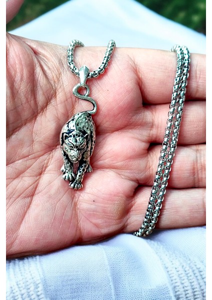 Gümüş Kaplama Krom-Çelik Erkek Kolye Madalyon Kaplan Panter modelleri