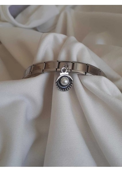 Siyah Istiridye Figürlü Çelik Italyan Charm Bileklik