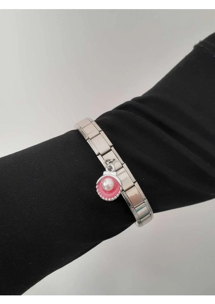 Pembe Istiridye Figürlü Çelik Italyan Charm Bileklik