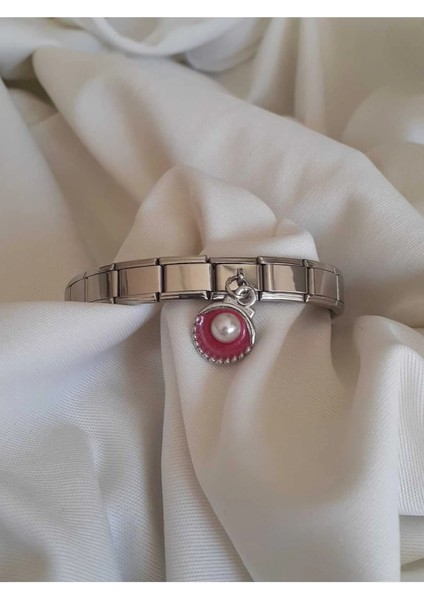 Pembe Istiridye Figürlü Çelik Italyan Charm Bileklik