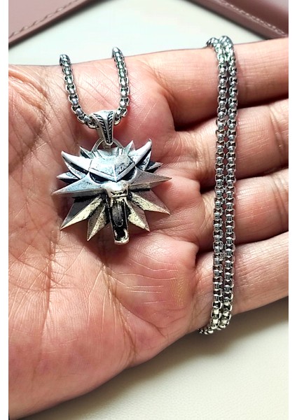 Gümüş Kaplama Krom-Çelik Erkek Kolye Madalyon Witcher Wolf Fantastik Kurt Kafası