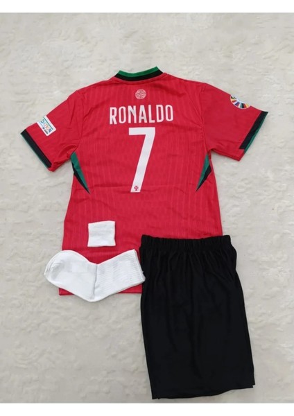 Cristiano Ronaldo Portekiz Milli Takım Dünya Kupası Kırmızı-Siyah Çocuk Alt Üst Takımı T-Shrt 4 Parça