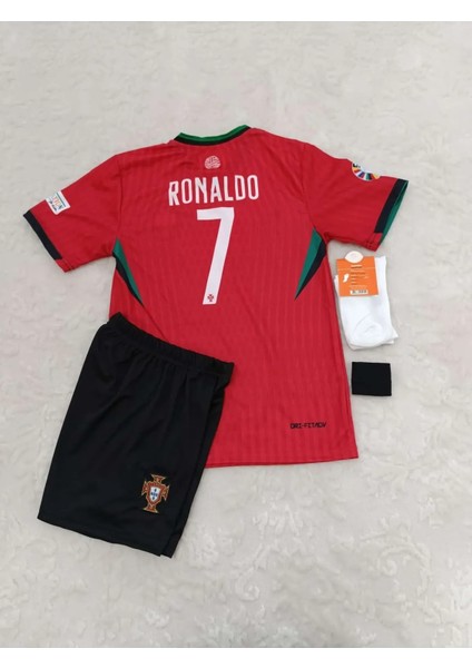 Cristiano Ronaldo Portekiz Milli Takım Dünya Kupası Kırmızı-Siyah Çocuk Alt Üst Takımı T-Shrt 4 Parça