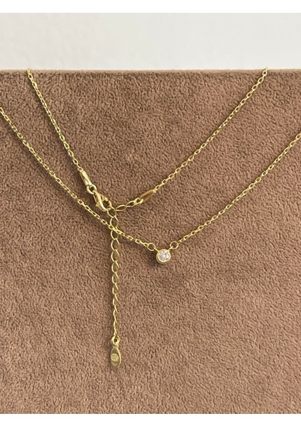 925 Ayar Gümüş Gold Renk Tek Taş Gümüş Kolye