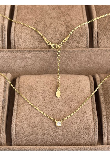 925 Ayar Gümüş Gold Renk Tek Taş Gümüş Kolye
