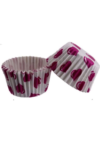 Kek Kalıbı Pet Kapsül 52X45 mm Kağıt Cupcake Kağıdı - 100 Adet Beyaza Fuşya Kalpli