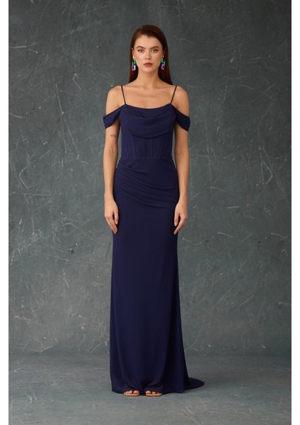Kadın Askılı Uzun Şifon Abiye Elbise 58464 Lacivert