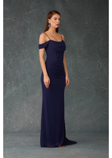 Kadın Askılı Uzun Şifon Abiye Elbise 58464 Lacivert fiyatları