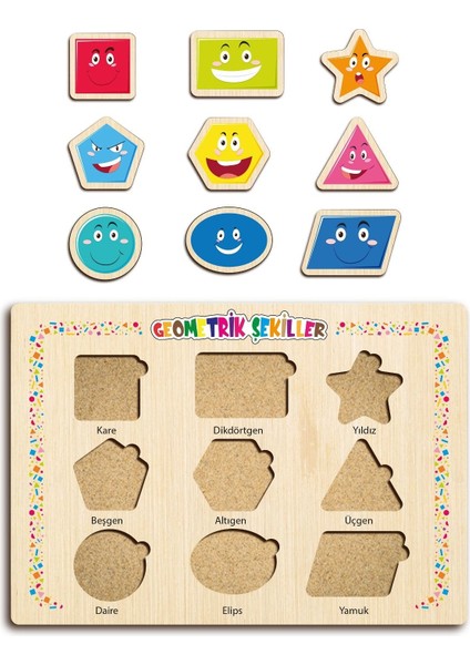 Ahşap Eğitici Öğretici Geometrik Şekiller Sok Tak Bul Tak Puzzle