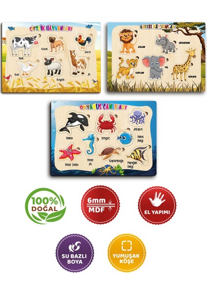 Ahşap Eğitici Öğretici Sevimli 3 Lü Set Çiftlik Hayvanları Okyanus Canlıları Safari Hay 3 Parça fiyatları