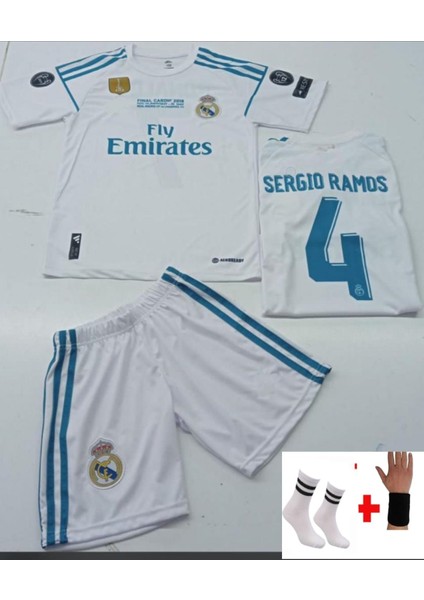 Sergio Ramos Beyaz 2018 Şampiyonlar Ligi Real Madrid Çocuk Alt Üst Takımı T-Shrt 4 Parça