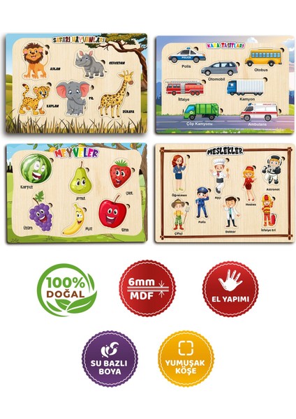 Ahşap Eğitici Öğretici Sevimli 4 Lü Set Hayvanlar Kara Taşıtları Meslekler Meyveler 4 Parça