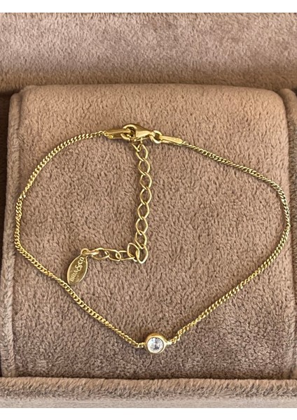 925 Ayar Gümüş Bileklik Gurmet Model Gold Renk Tek Taş Gümüş Bileklik 18+5cm