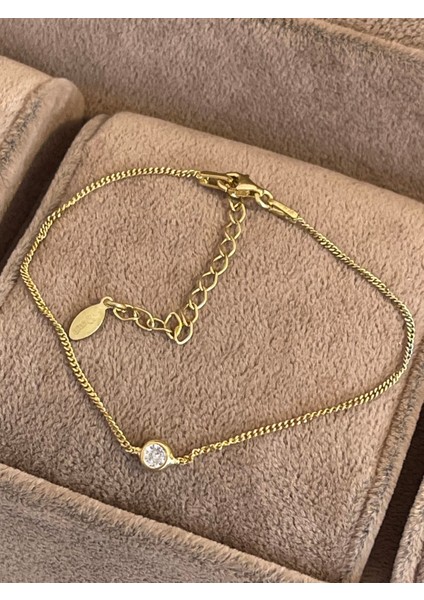 925 Ayar Gümüş Bileklik Gurmet Model Gold Renk Tek Taş Gümüş Bileklik 18+5cm