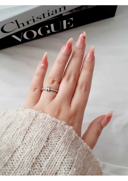 Su Yolu Zirkon Taşlı H Harfli Ayarlamalı Gümüş Yüzük